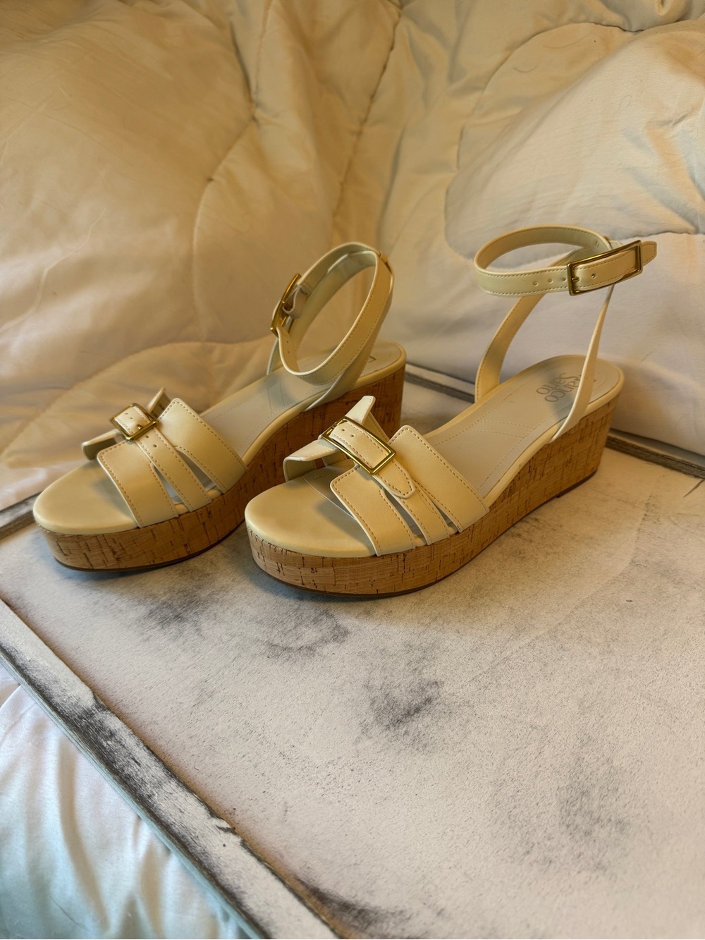 Franco Sarto Cream Ankle-Strap Buckle Sandals - Picture 2 of 7